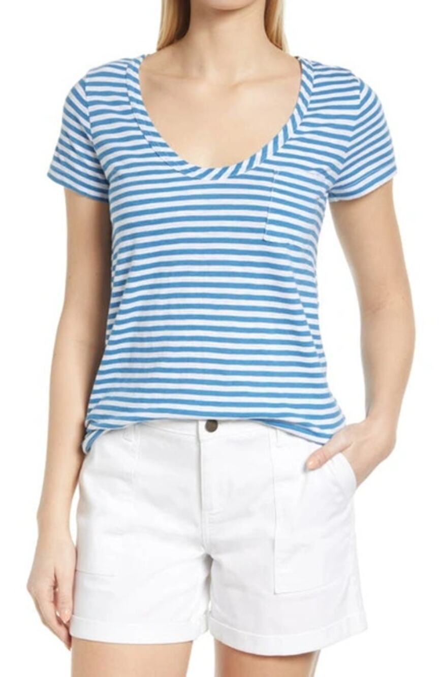 NWT Caslon Brooke Blue White Stripe Rounded V-Neck Pocket Tee Women's Size Small